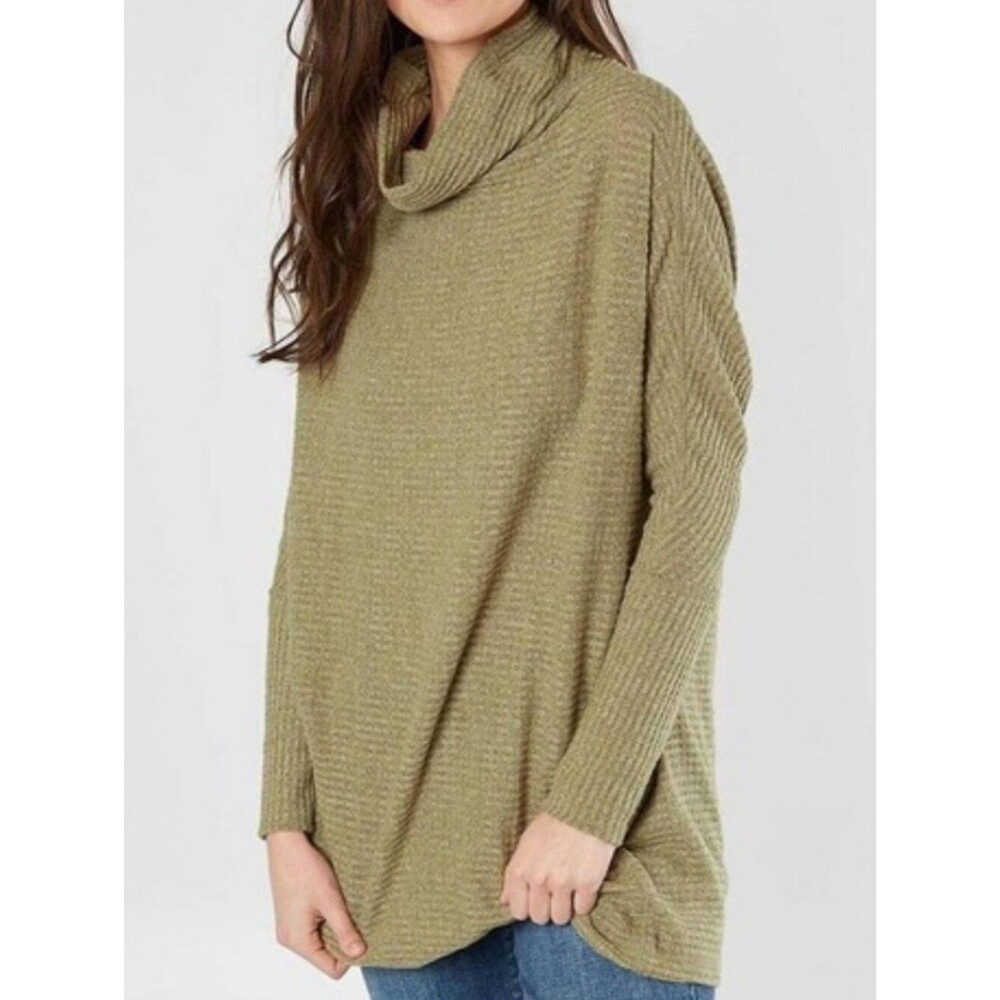 We The Free Kristina Thermal Green Waffle Cowl Neck Oversized Sweater Boho Boxy